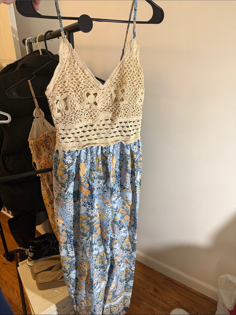 Cream Crochet-Bodice Blue Floral jumpsuit
